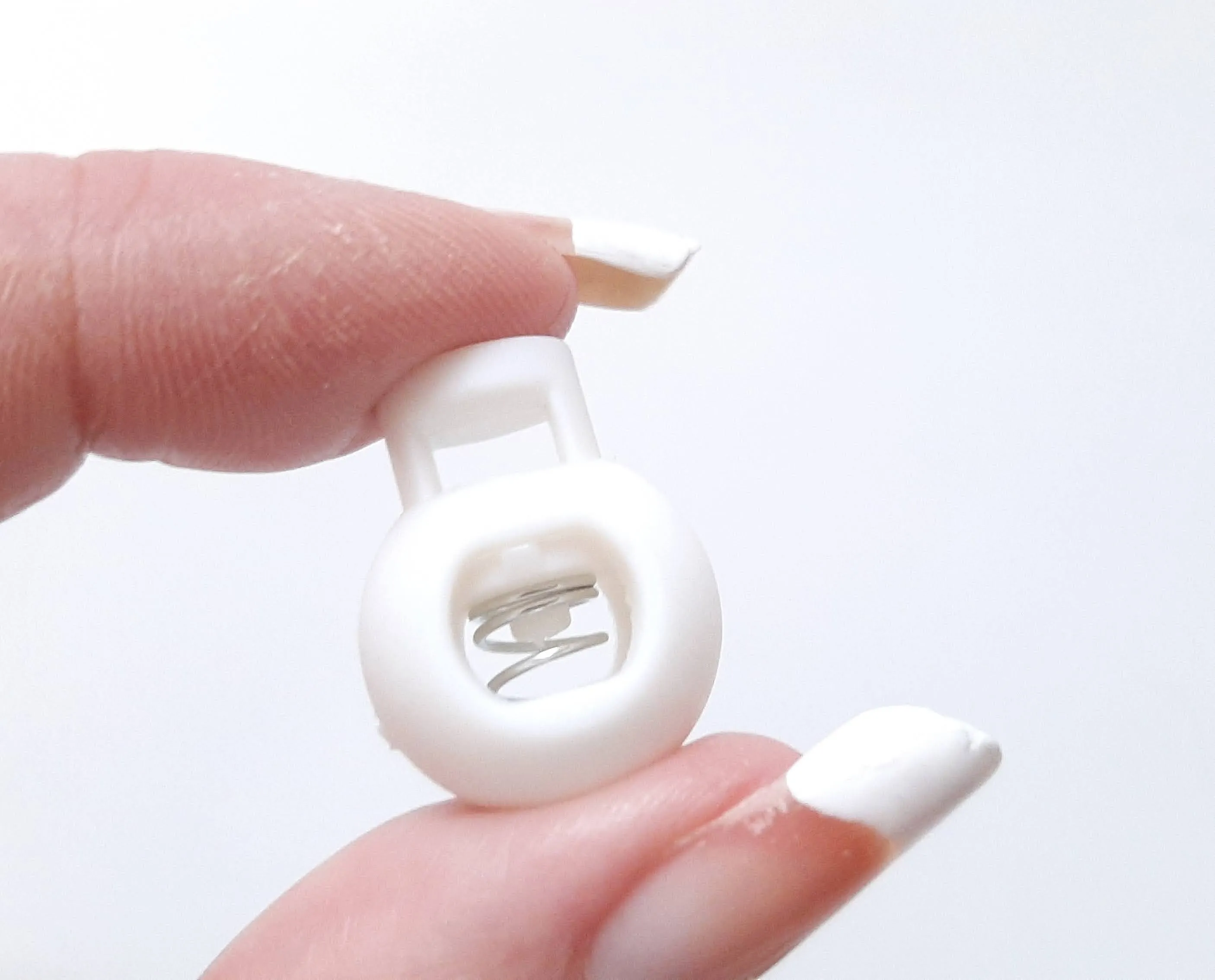 5pc White Nylon Spring Buckle - Sliding Buckle to Lock Yarn, Cord, or Rope in Place