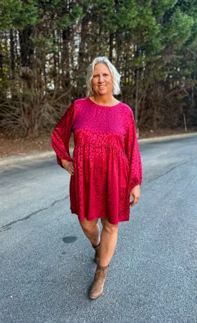 Animal Jacquard Print Long Sleeve Dress in Burgundy