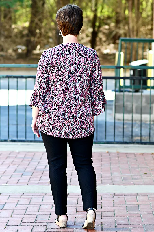 Bell Sleeve Medallion Print Top in Black