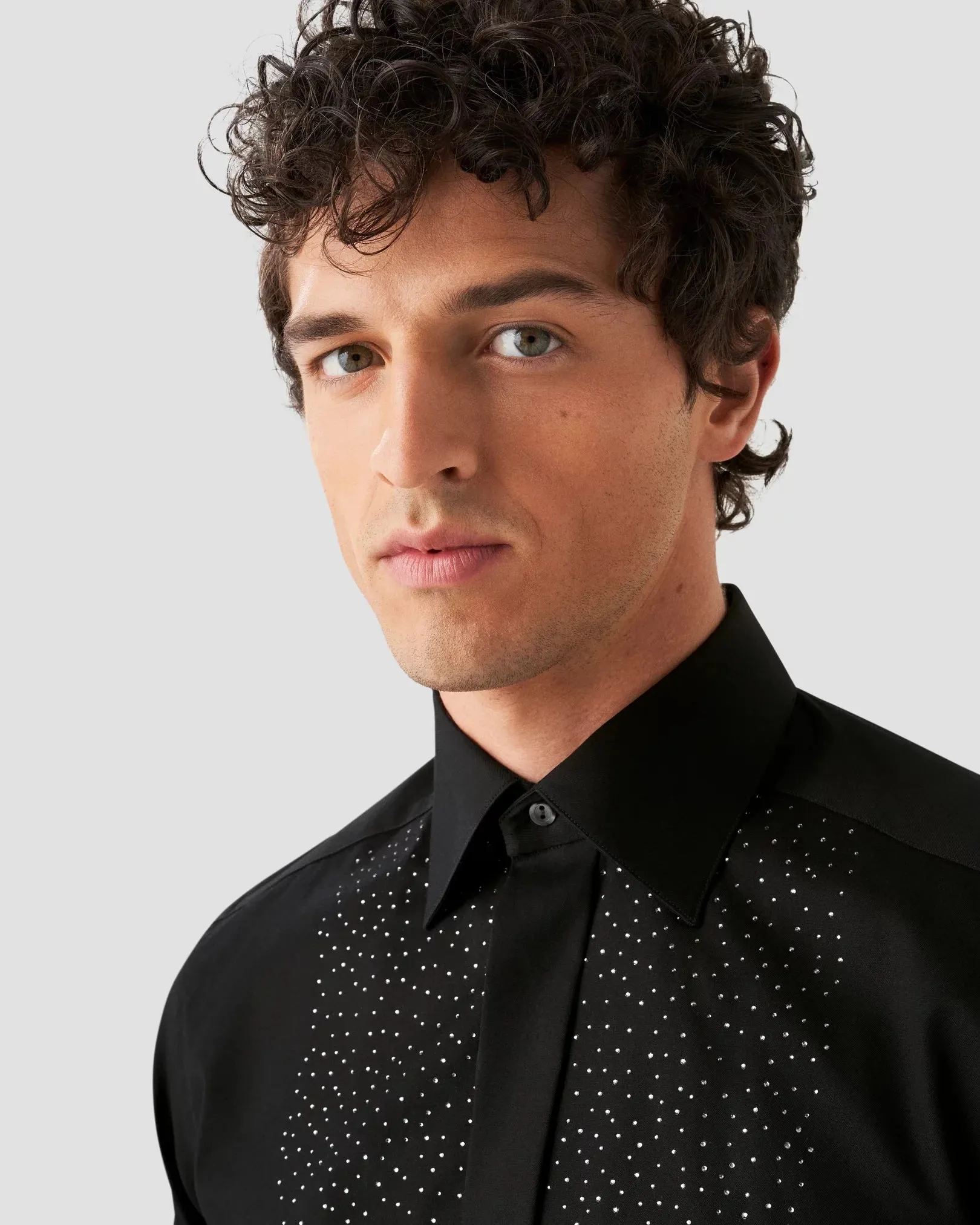 Black Signature Twill Tuxedo Shirt with Swarovski® Crystals
