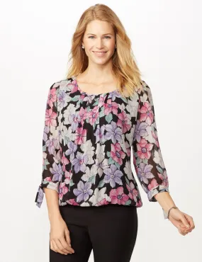 Bright Floral Bubble Hem Top with Tie Sleeve