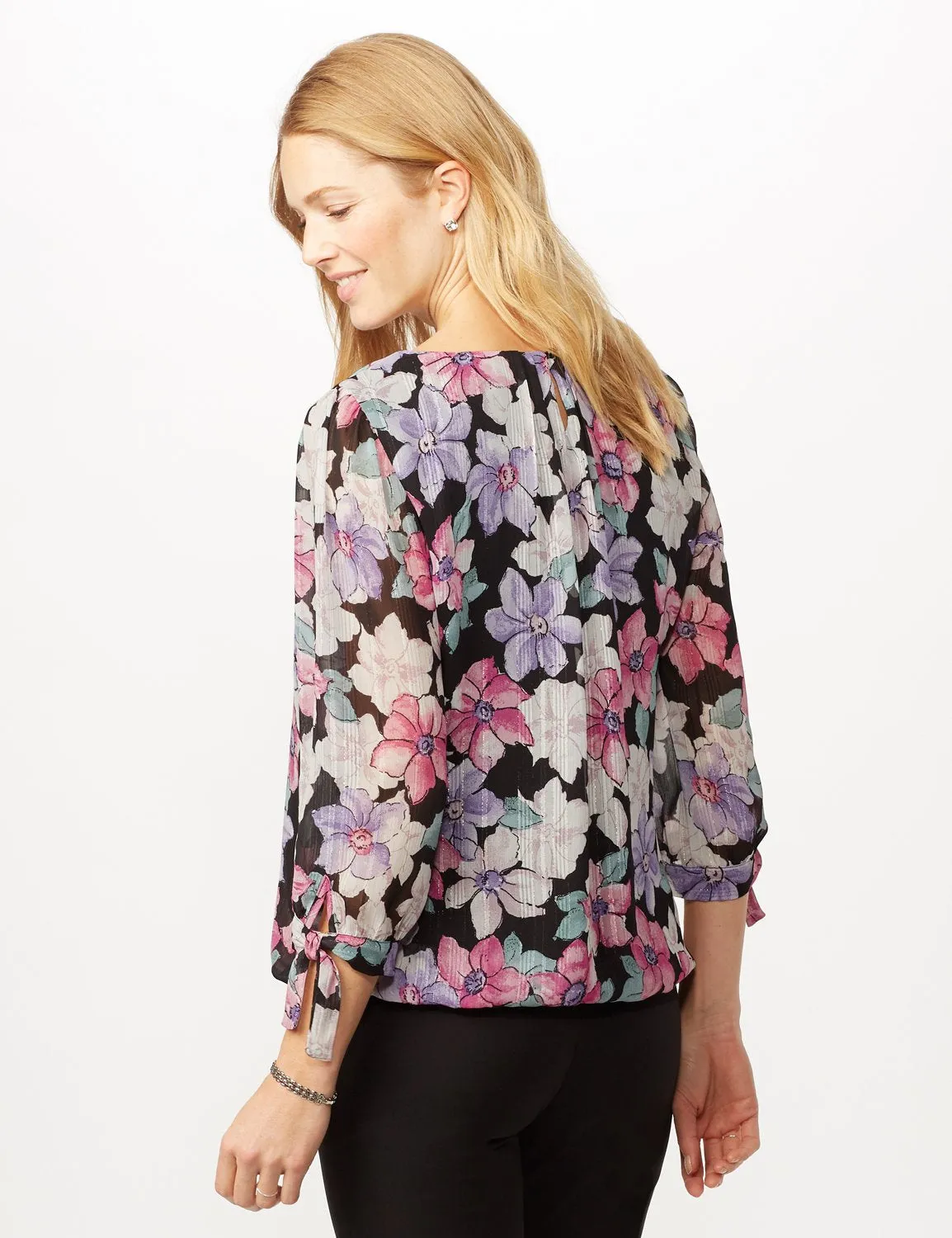 Bright Floral Bubble Hem Top with Tie Sleeve