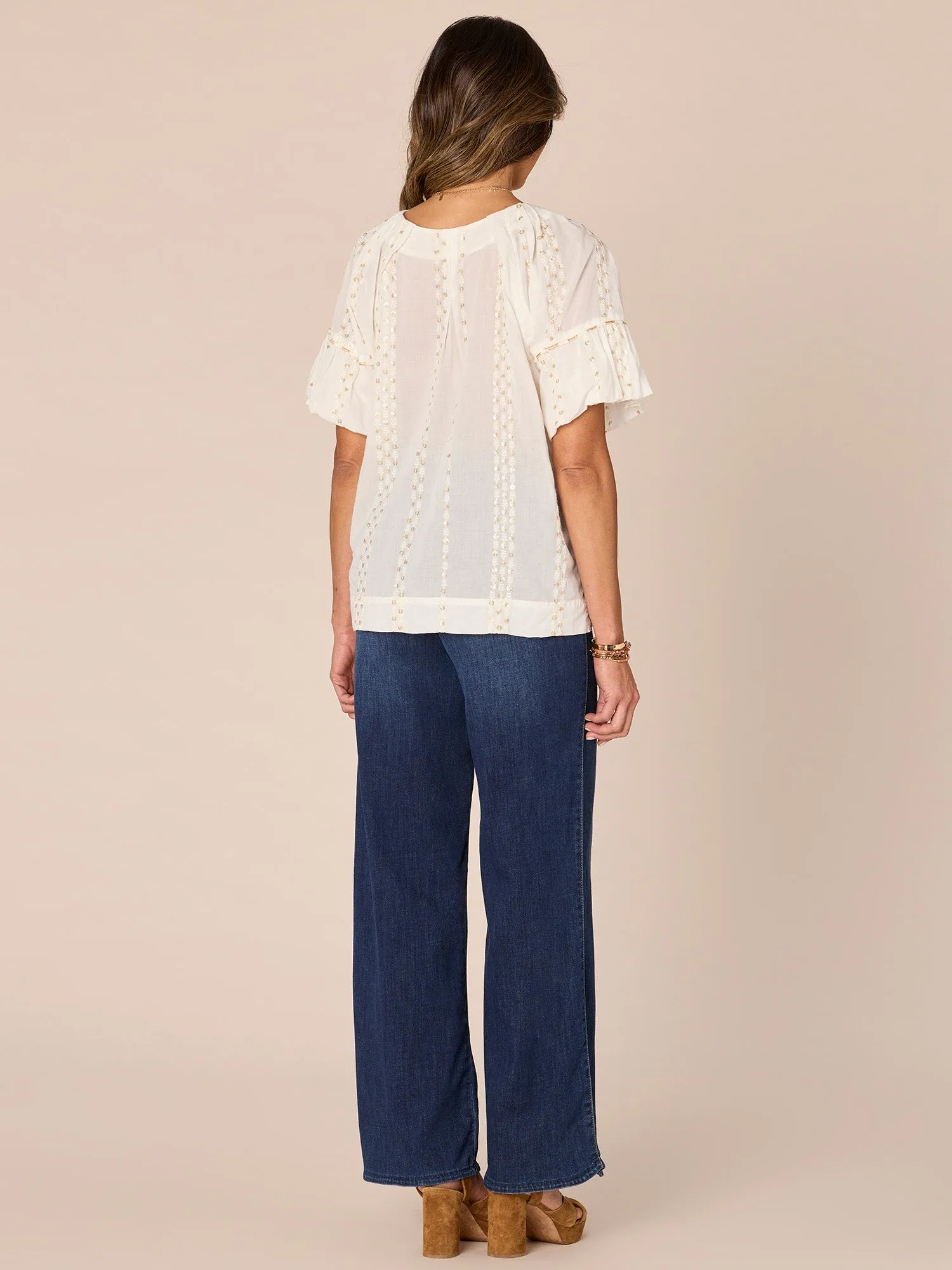 Bubble Sleeve Spliced V-Neck Embroidered Placket Petite Woven Top
