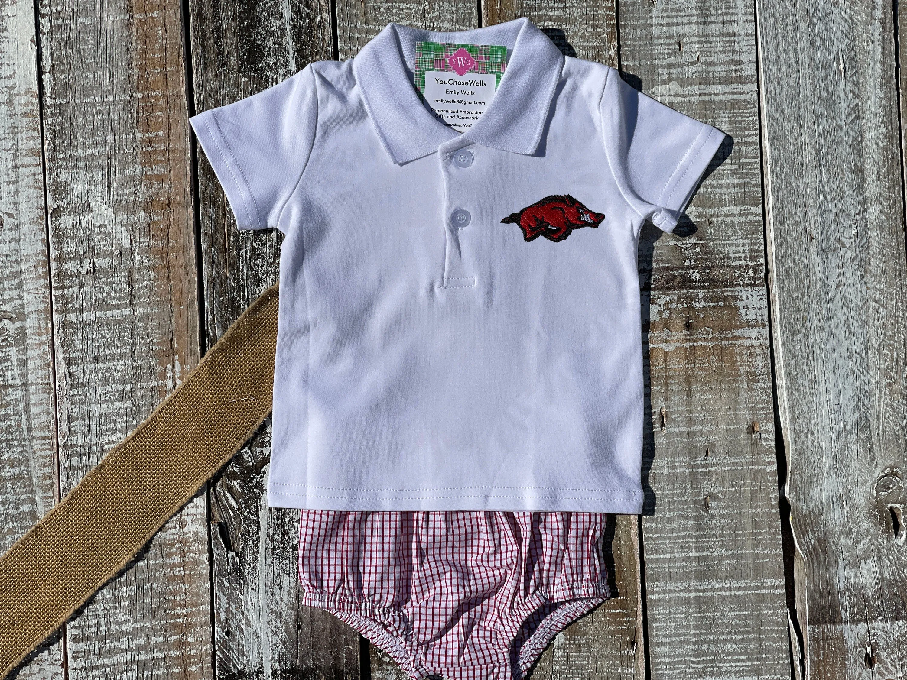 Custom Embroidered, Monogrammed, Personalized Hog Windowpane Bubble, Polo Shirt and Short Set, Polo Shirt and Bloomer Set