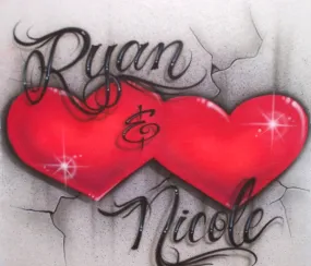 Double Hearts & Cracked Concrete Background with Any Two Names Airbrushed