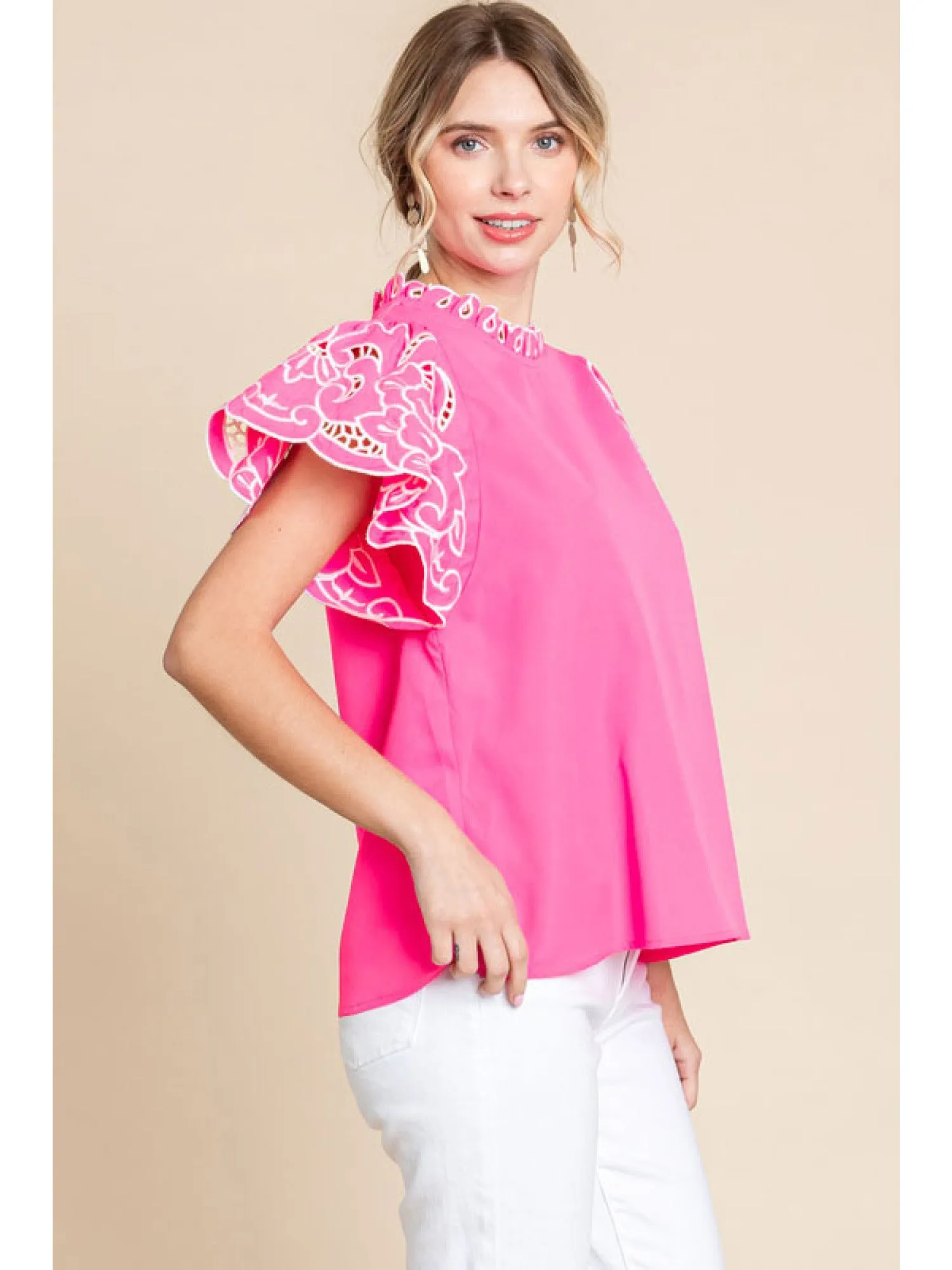 Frill Neck Embroidered Short Sleeve Top