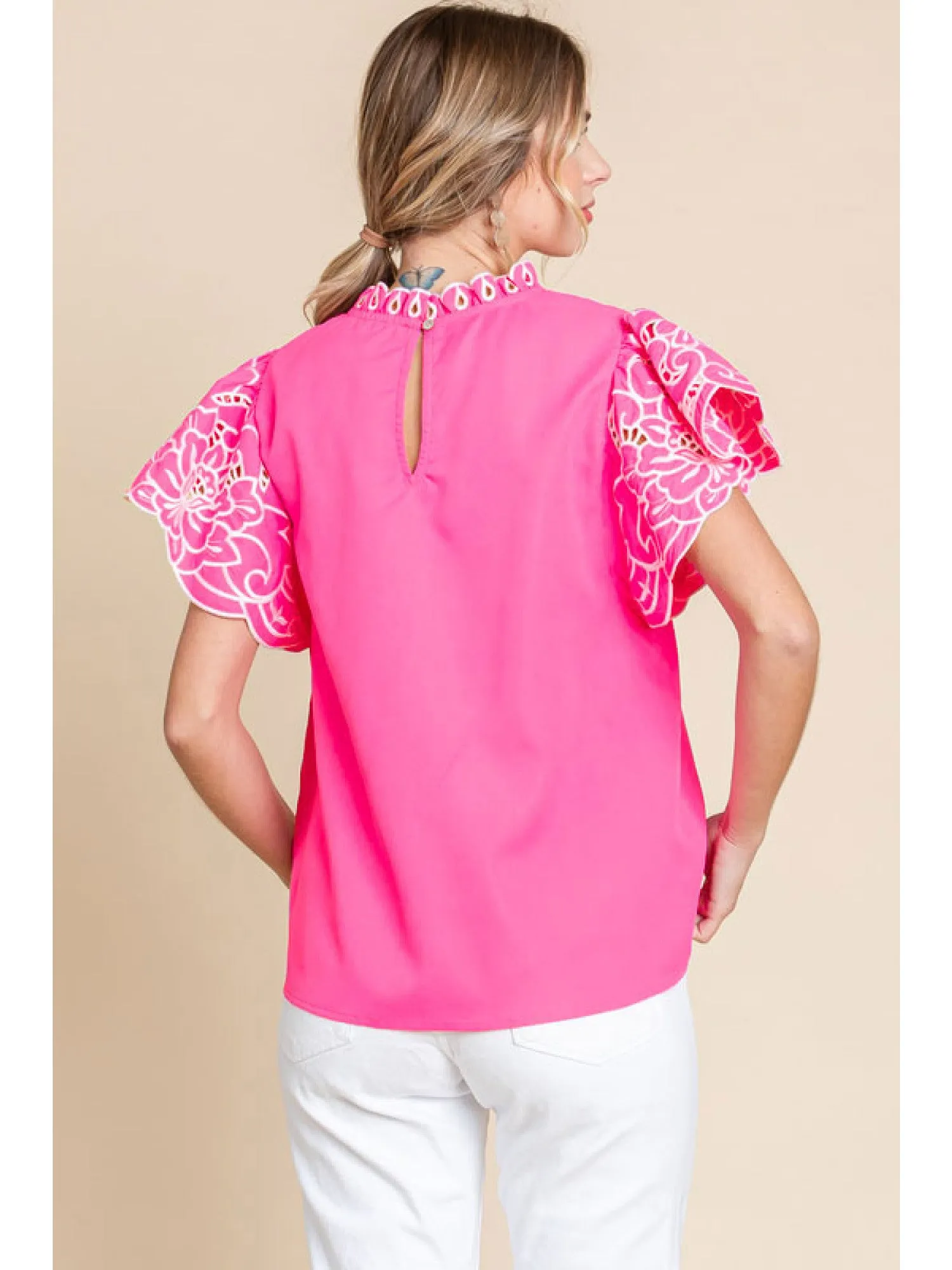 Frill Neck Embroidered Short Sleeve Top