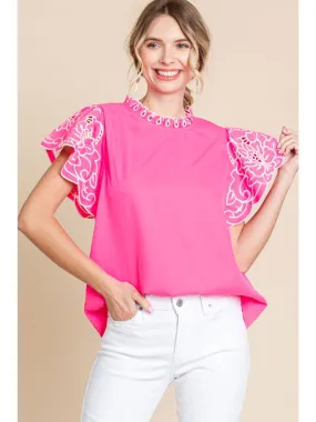 Frill Neck Embroidered Short Sleeve Top