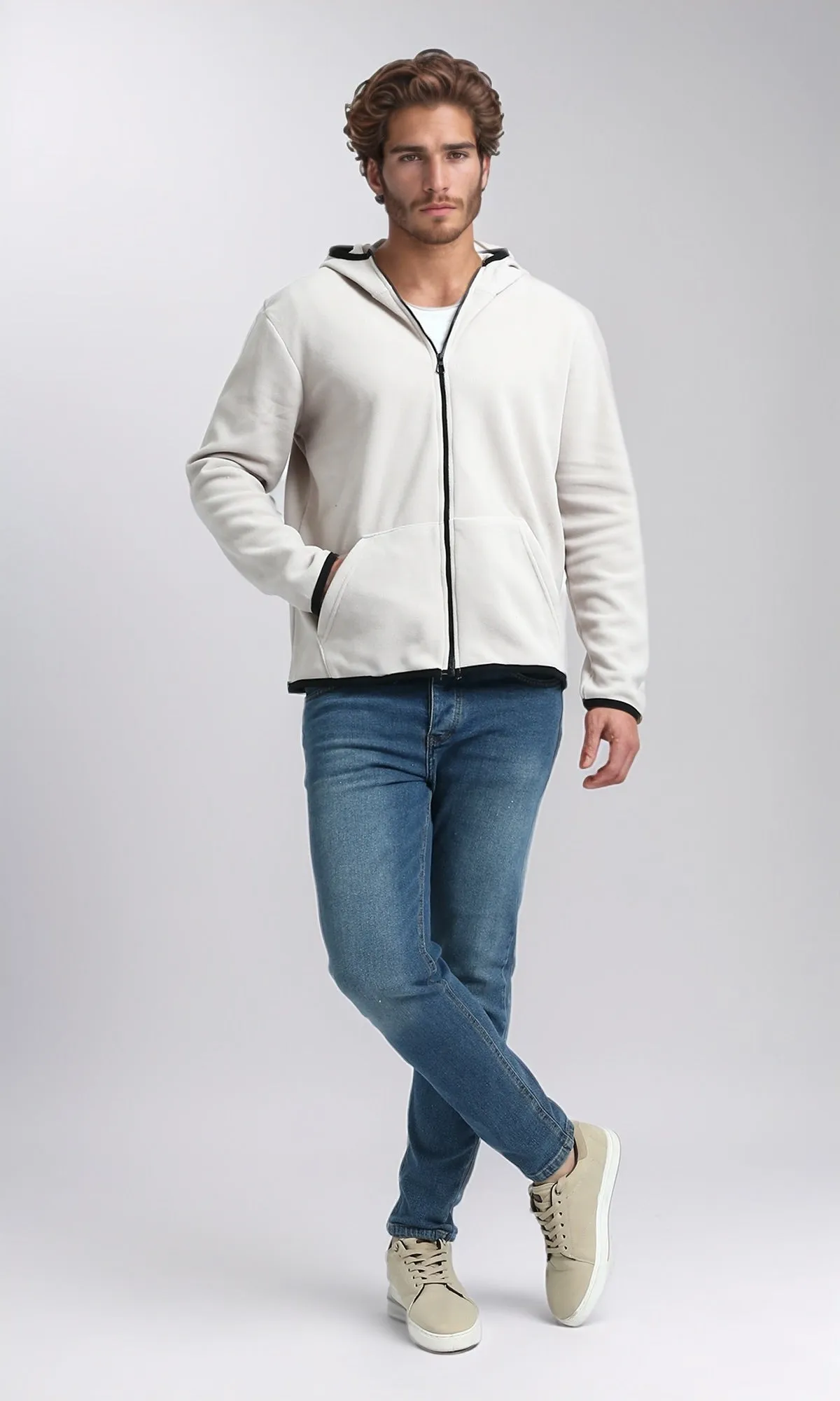 O201931 - Winter Long Sleeves Hoodie with Pockets - Light Beige
