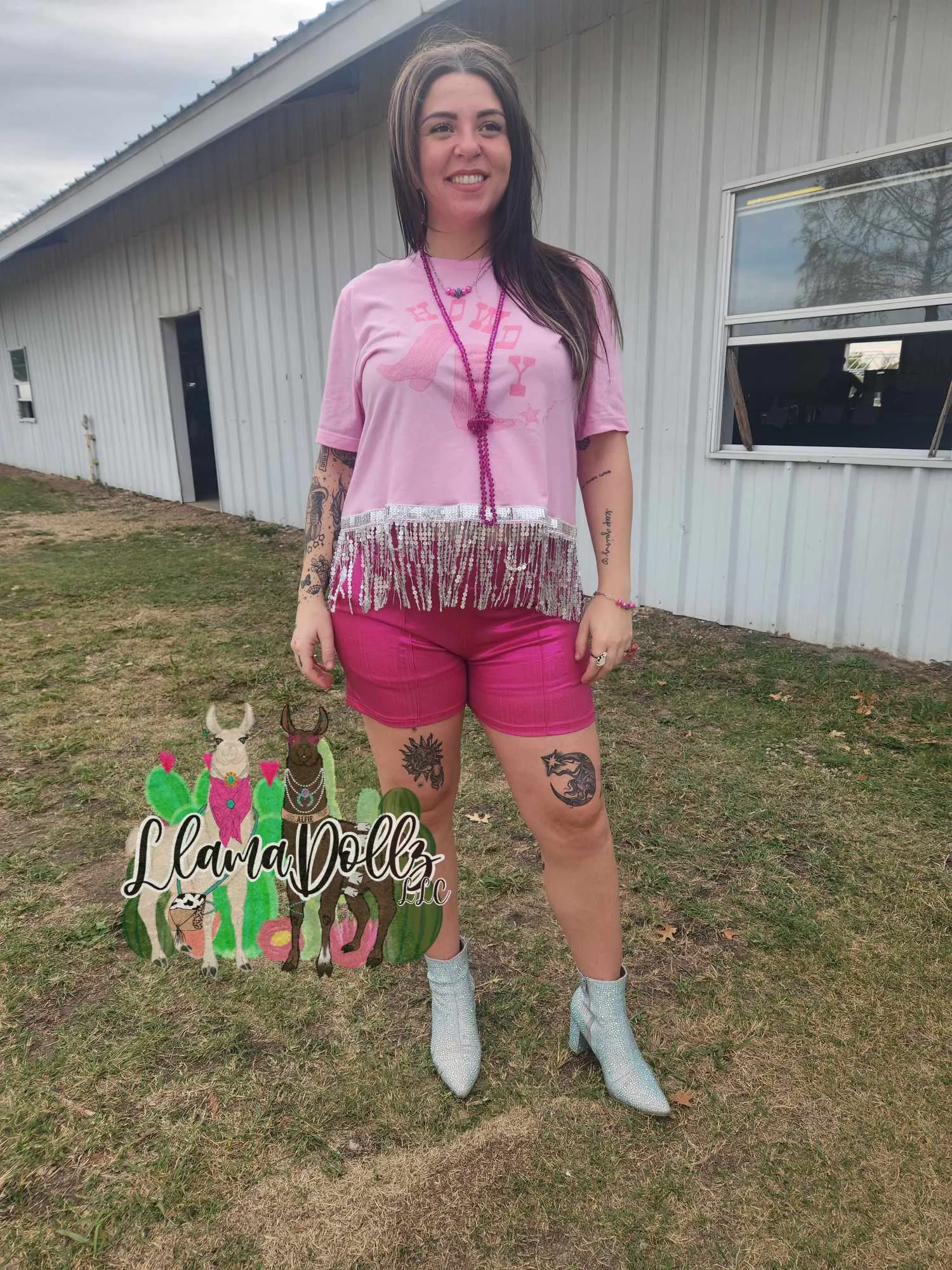 Pink Howdy Sequin Fringe Long Crop Shirt