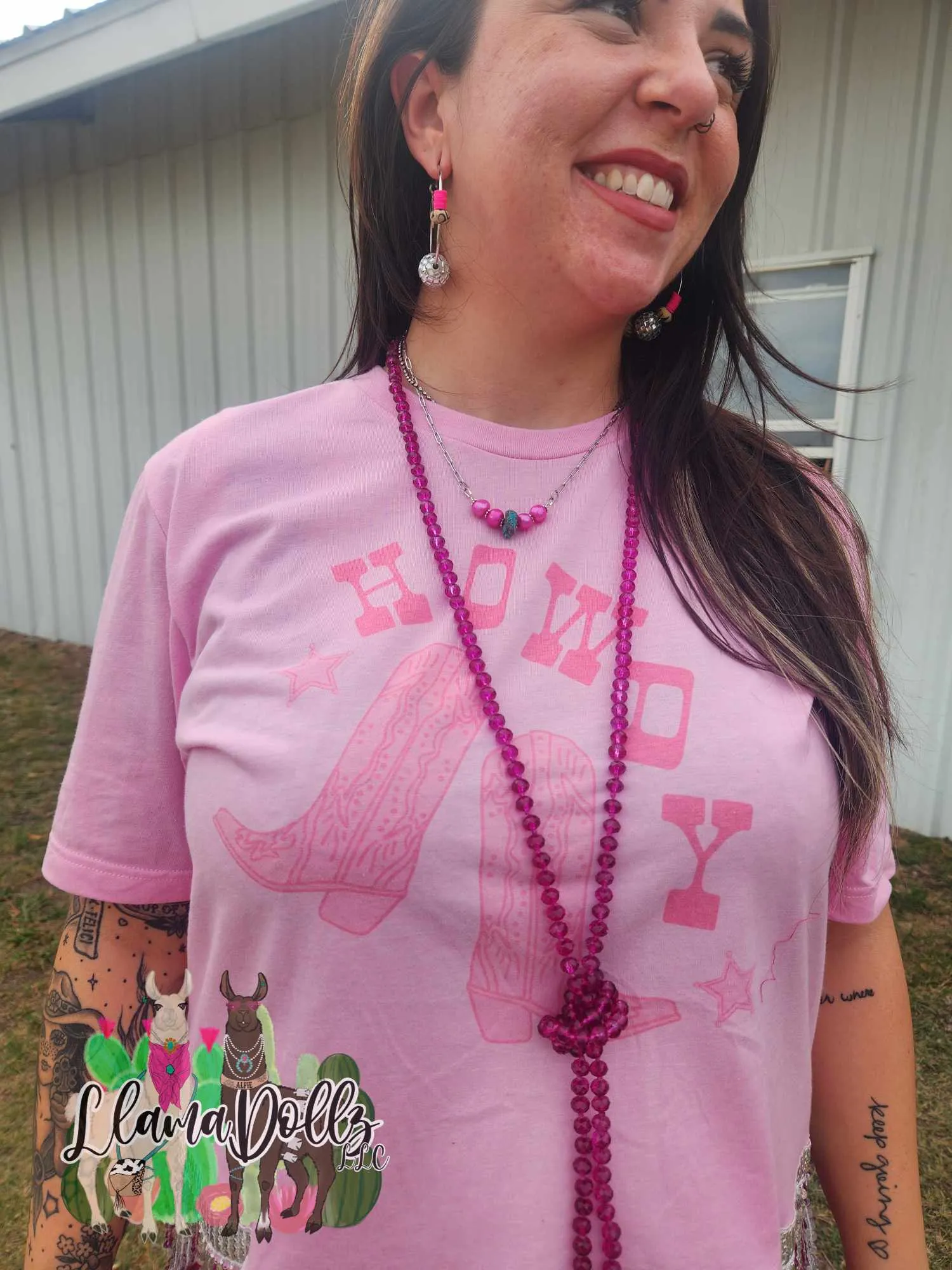 Pink Howdy Sequin Fringe Long Crop Shirt