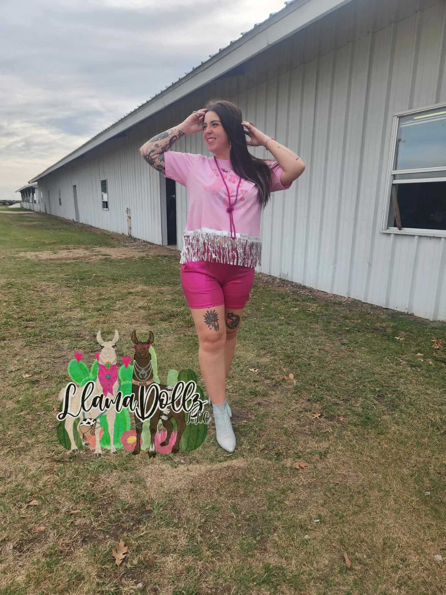 Pink Howdy Sequin Fringe Long Crop Shirt