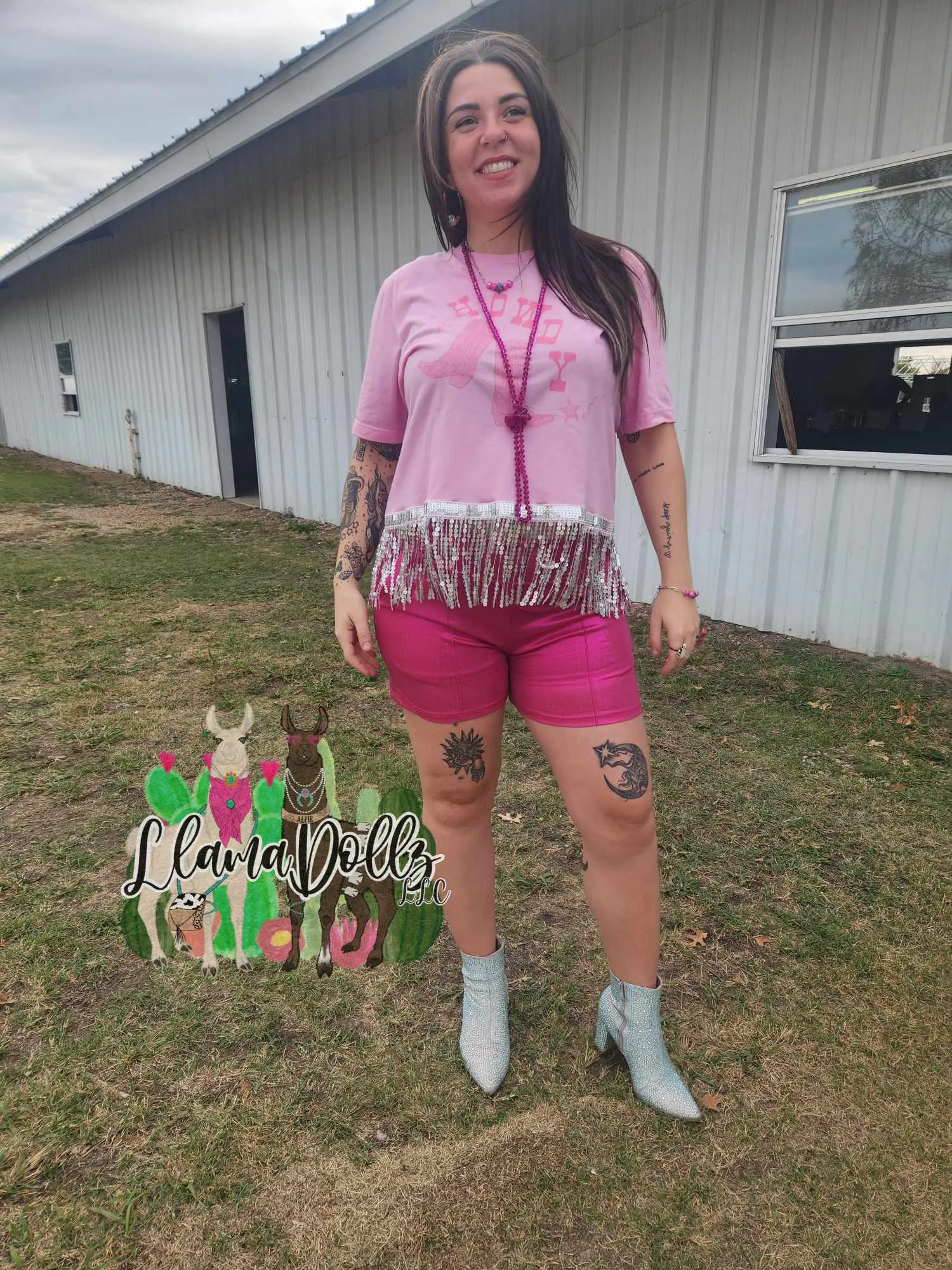 Pink Howdy Sequin Fringe Long Crop Shirt