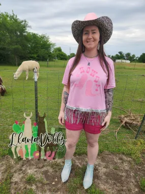 Pink Howdy Sequin Fringe Long Crop Shirt