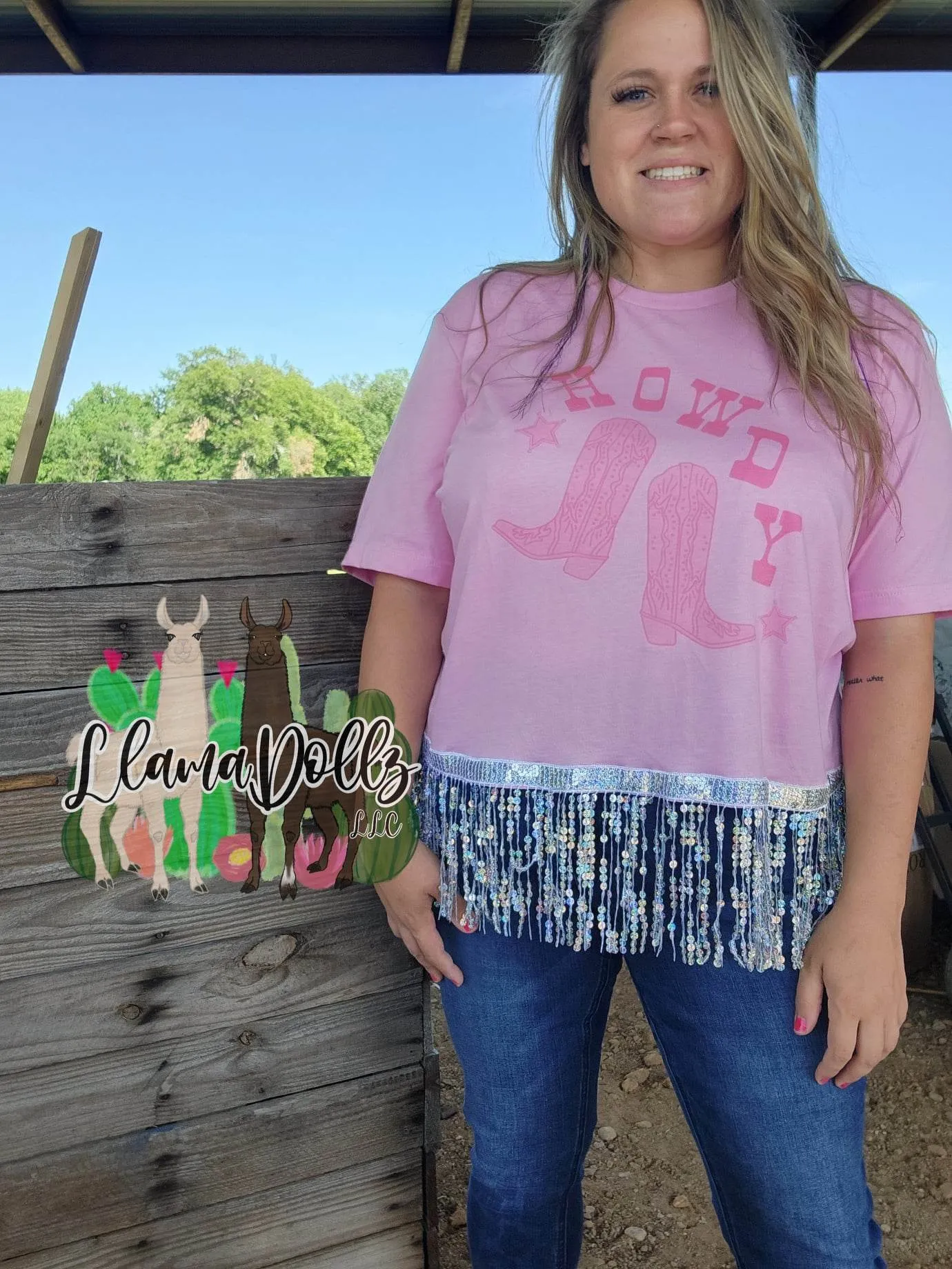 Pink Howdy Sequin Fringe Long Crop Shirt