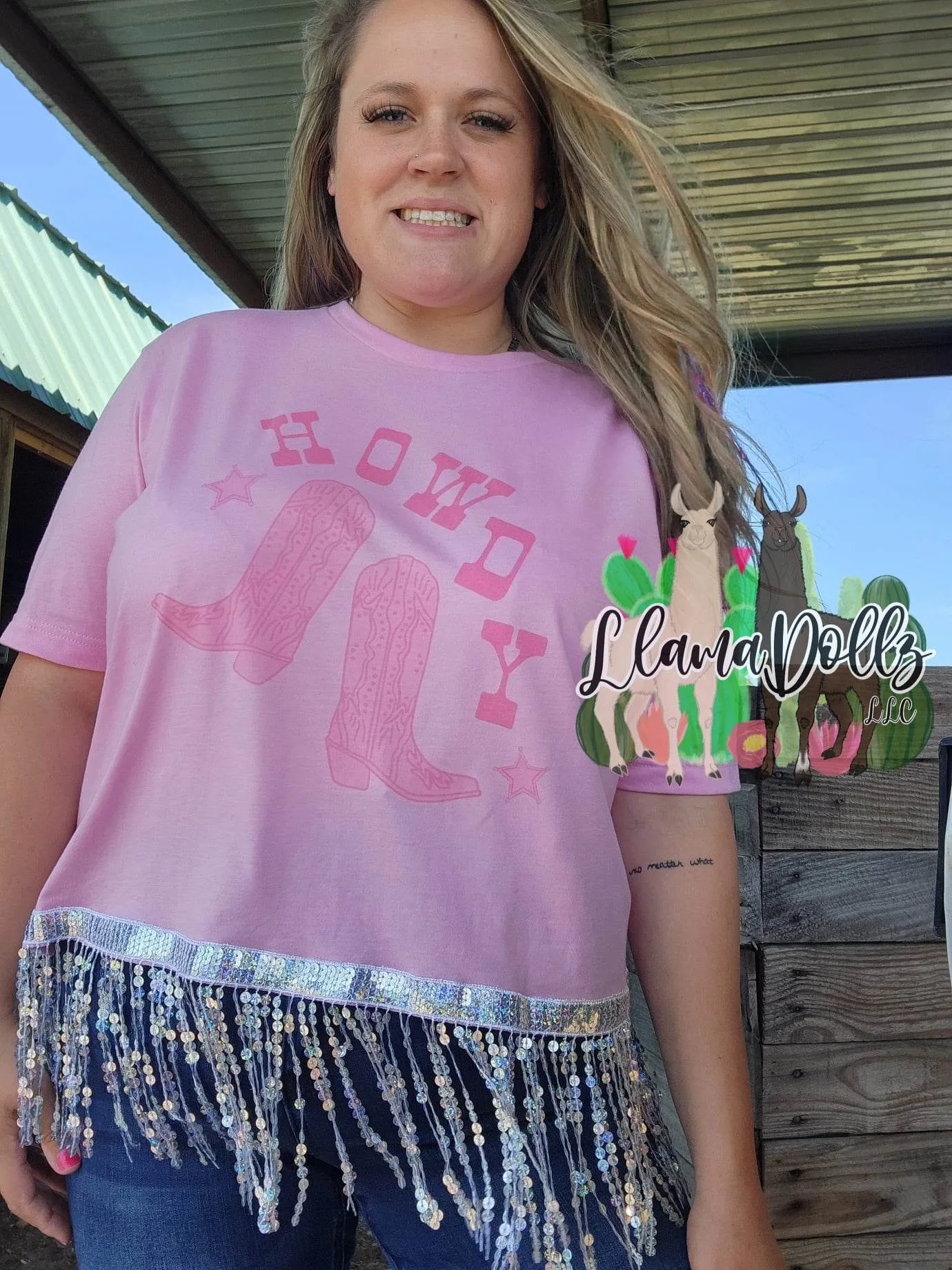 Pink Howdy Sequin Fringe Long Crop Shirt