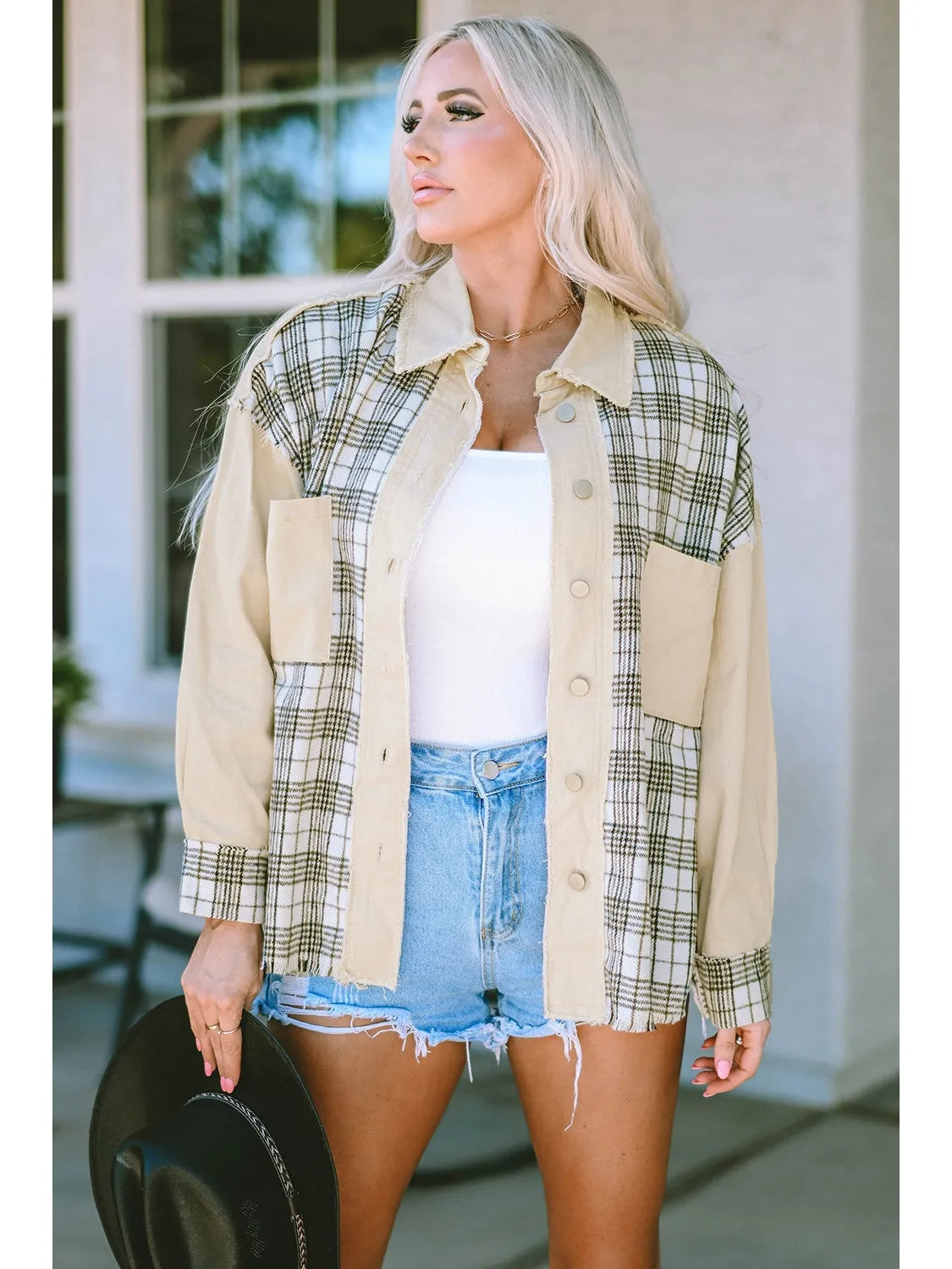 Plaid Raw Hem Button Down Jacket