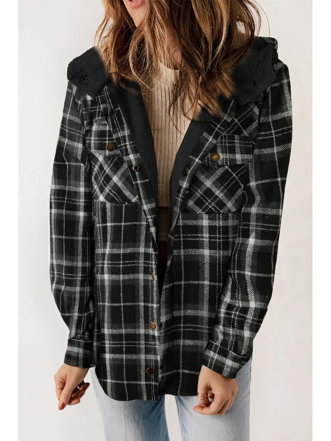 Plaid Snap Down Hooded Jacket