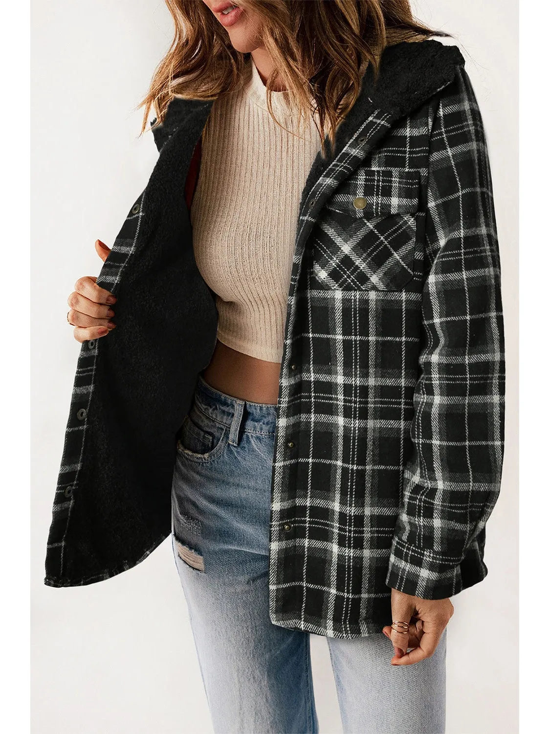 Plaid Snap Down Hooded Jacket
