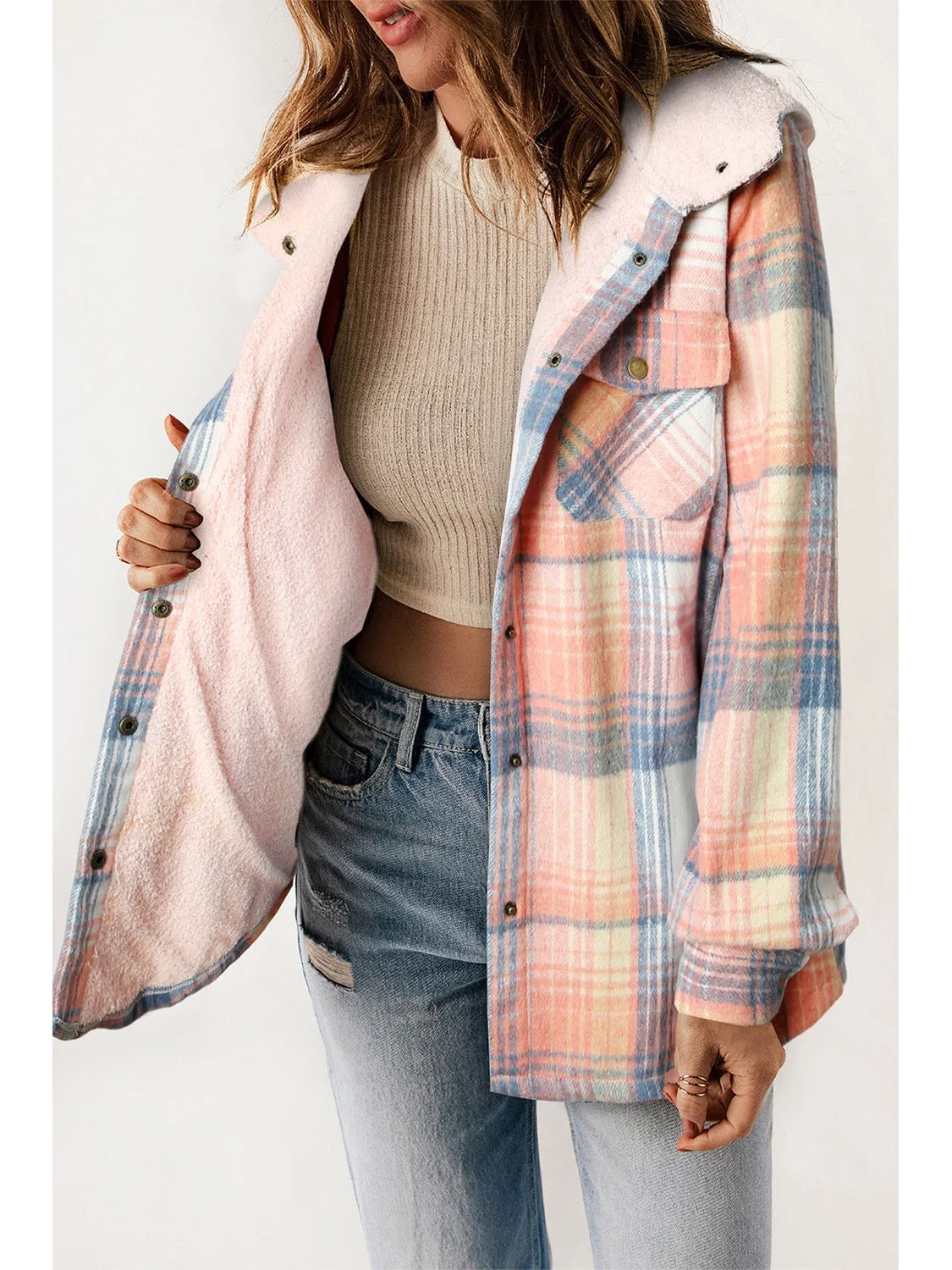 Plaid Snap Down Hooded Jacket
