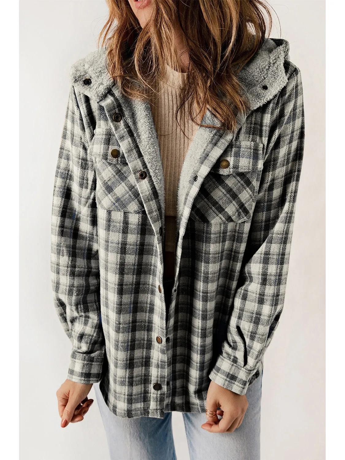 Plaid Snap Down Hooded Jacket