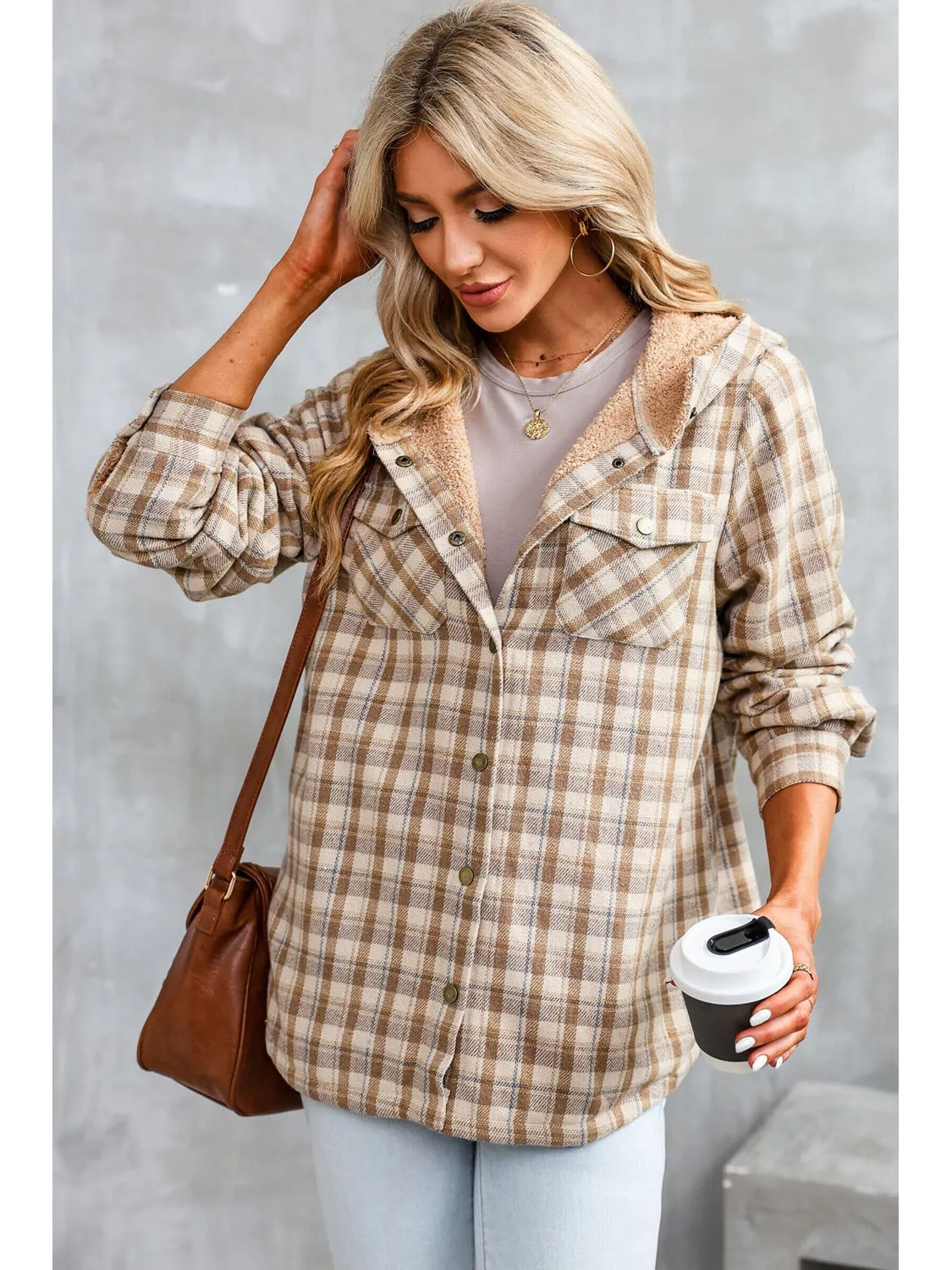 Plaid Snap Down Hooded Jacket