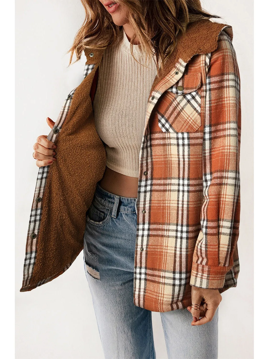 Plaid Snap Down Hooded Jacket