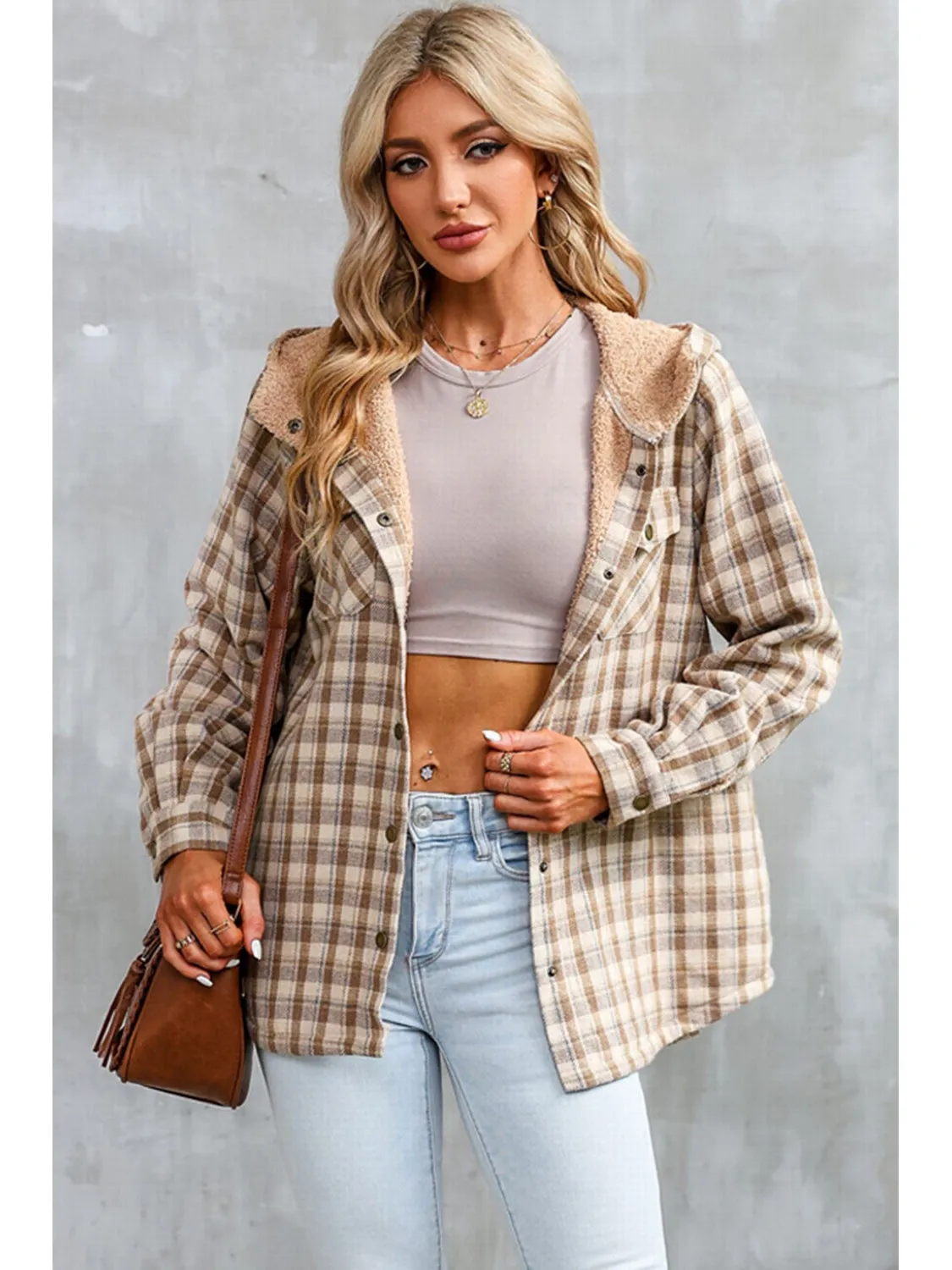 Plaid Snap Down Hooded Jacket