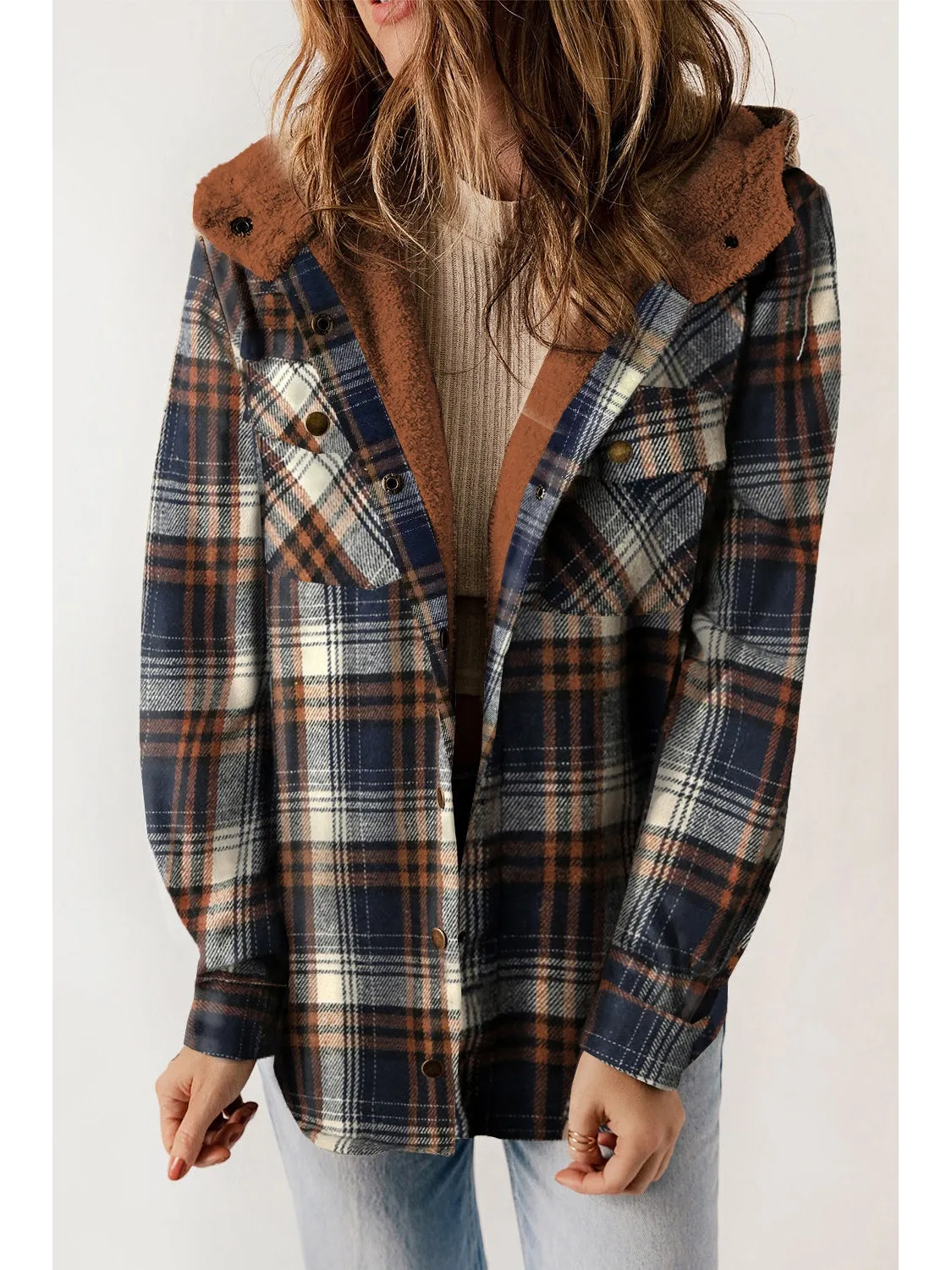Plaid Snap Down Hooded Jacket