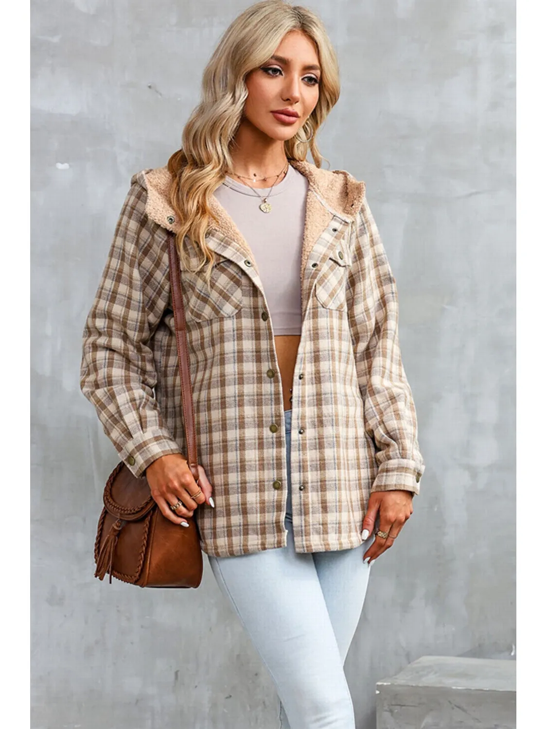 Plaid Snap Down Hooded Jacket