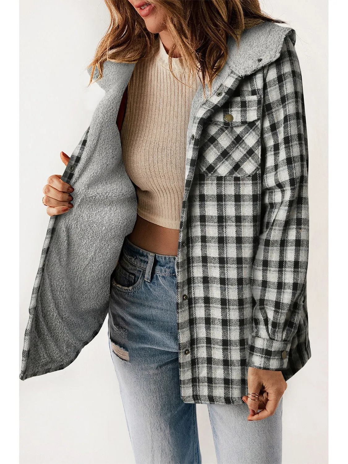Plaid Snap Down Hooded Jacket