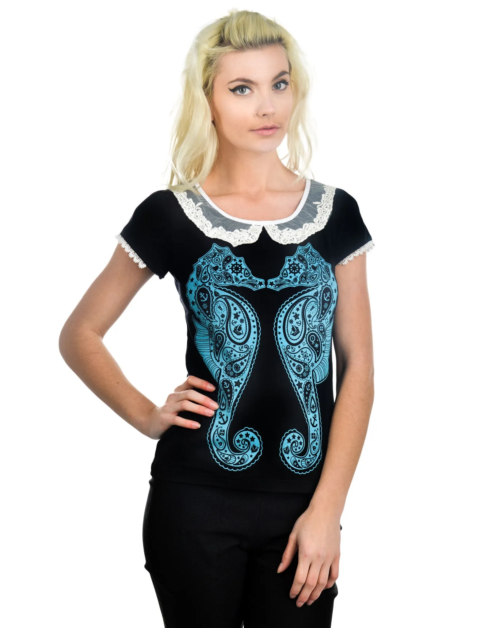 Sea punk Paisley Blue Seahorse Blue Seahorses Kissing Lace Collar Black Top