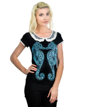 Sea punk Paisley Blue Seahorse Blue Seahorses Kissing Lace Collar Black Top