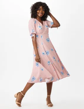 Short Tie Sleeve Blue Flower Empire Dress