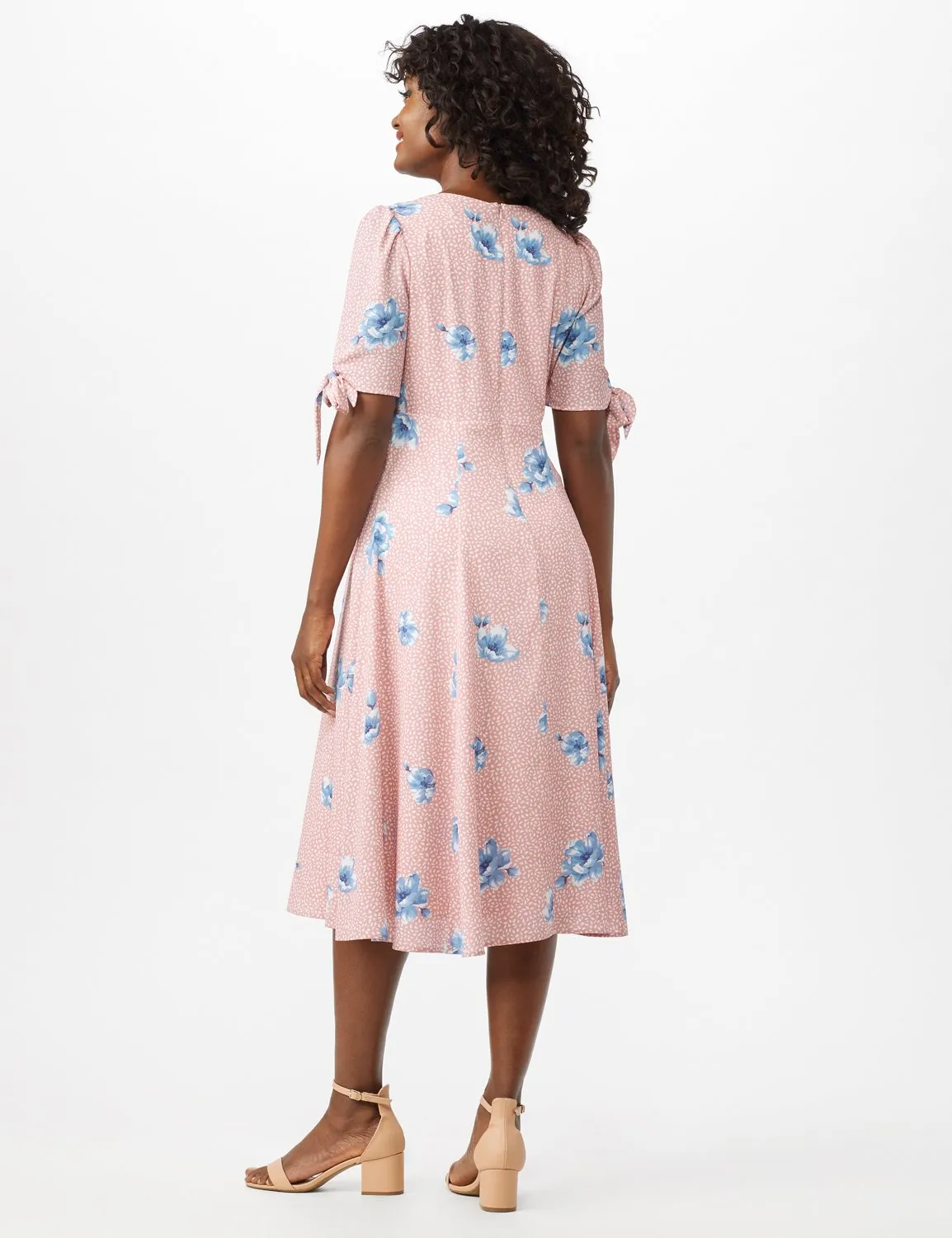 Short Tie Sleeve Blue Flower Empire Dress
