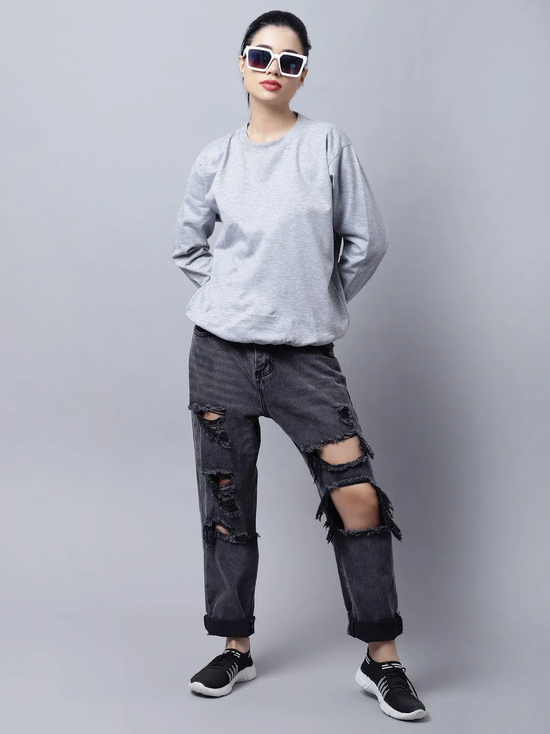 Vimal Jonney Fleece Round Neck Grey Melange Sweatshirt For Women