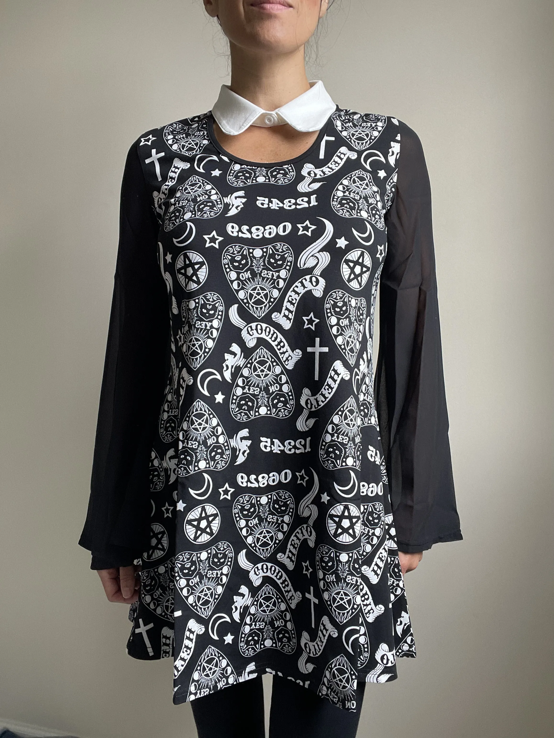 Witchy Moon Ouija Planchette Kitty Black Chiffon Sleeves with White Collar Mini Dress