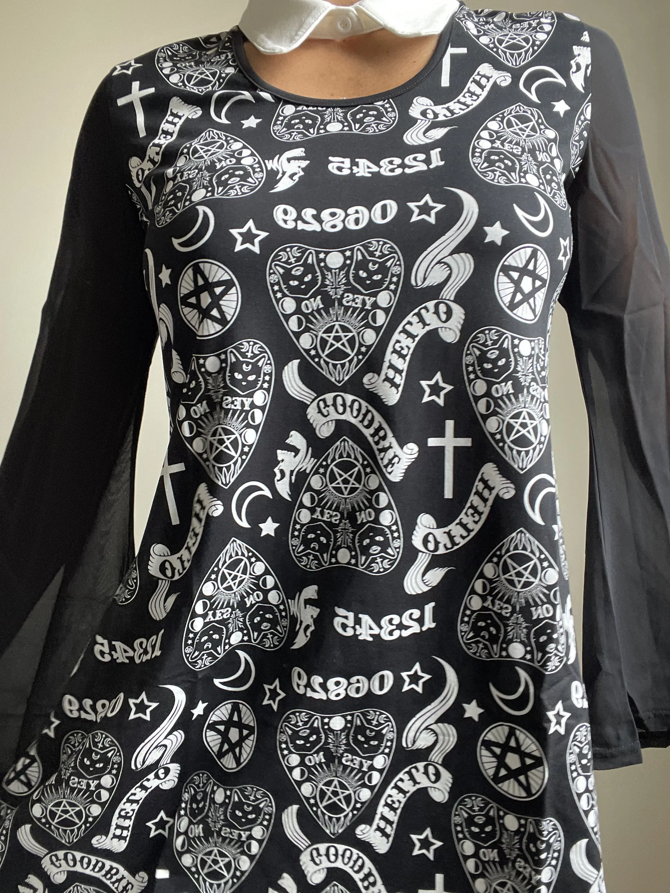 Witchy Moon Ouija Planchette Kitty Black Chiffon Sleeves with White Collar Mini Dress