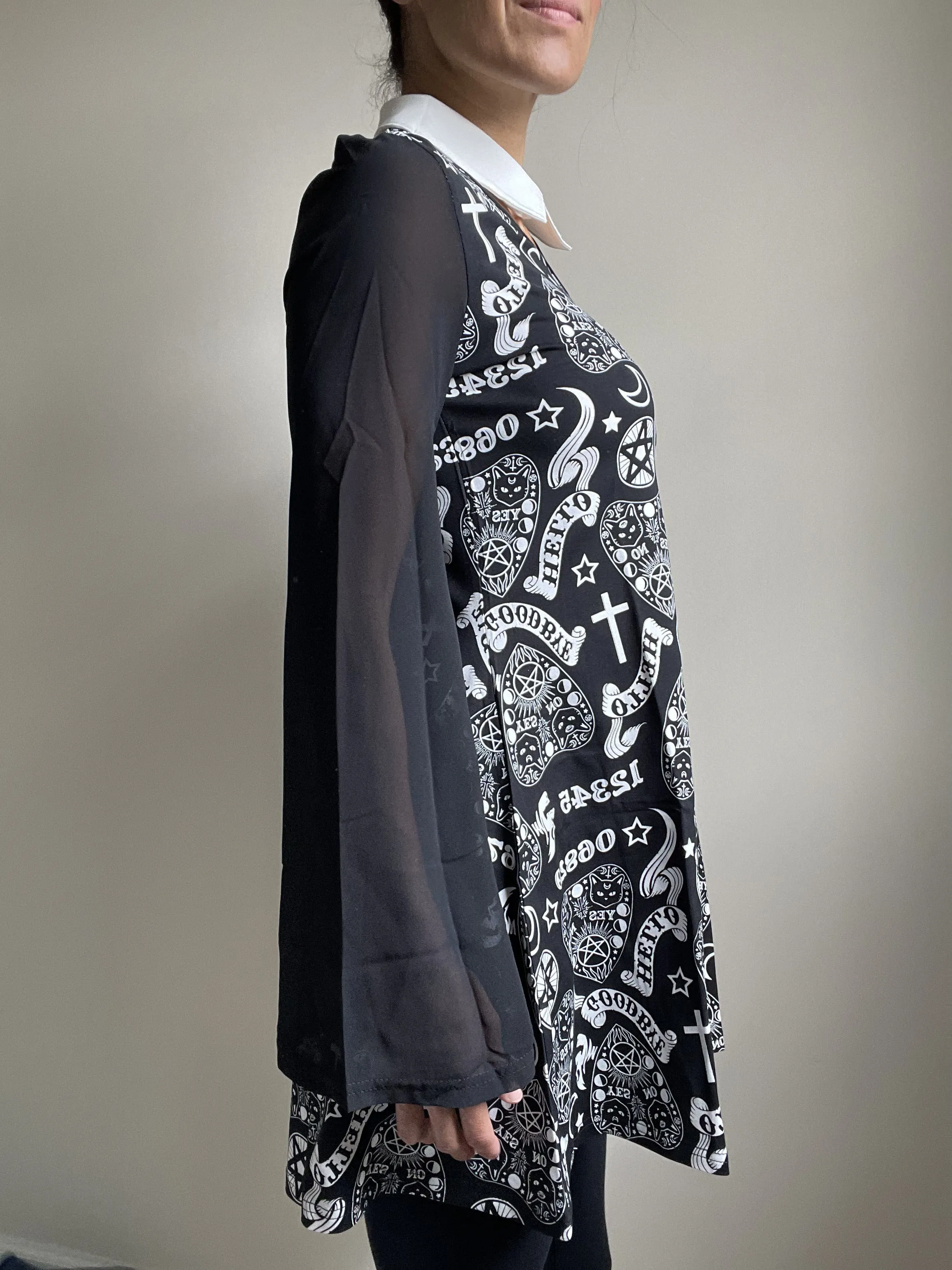 Witchy Moon Ouija Planchette Kitty Black Chiffon Sleeves with White Collar Mini Dress
