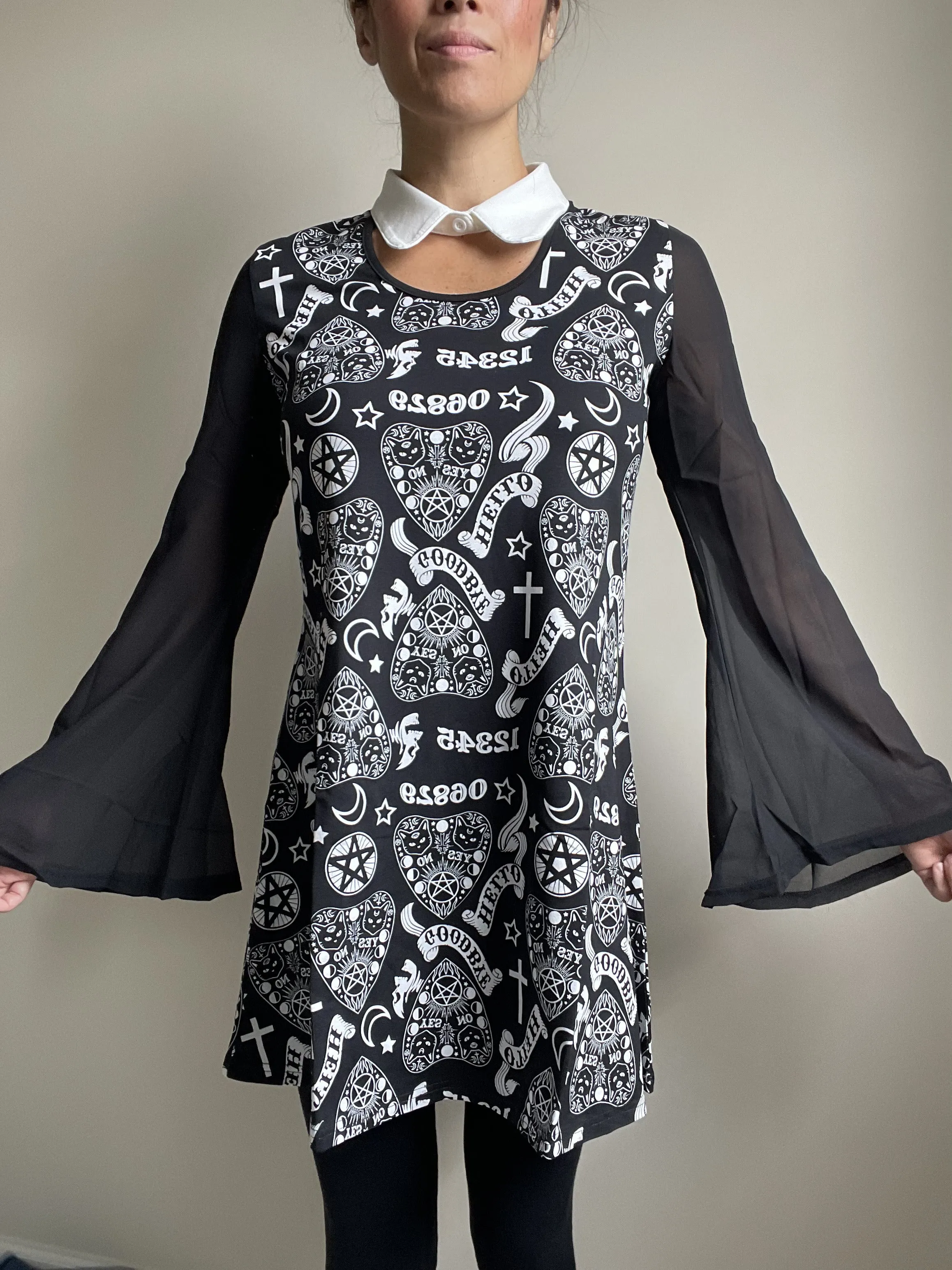 Witchy Moon Ouija Planchette Kitty Black Chiffon Sleeves with White Collar Mini Dress