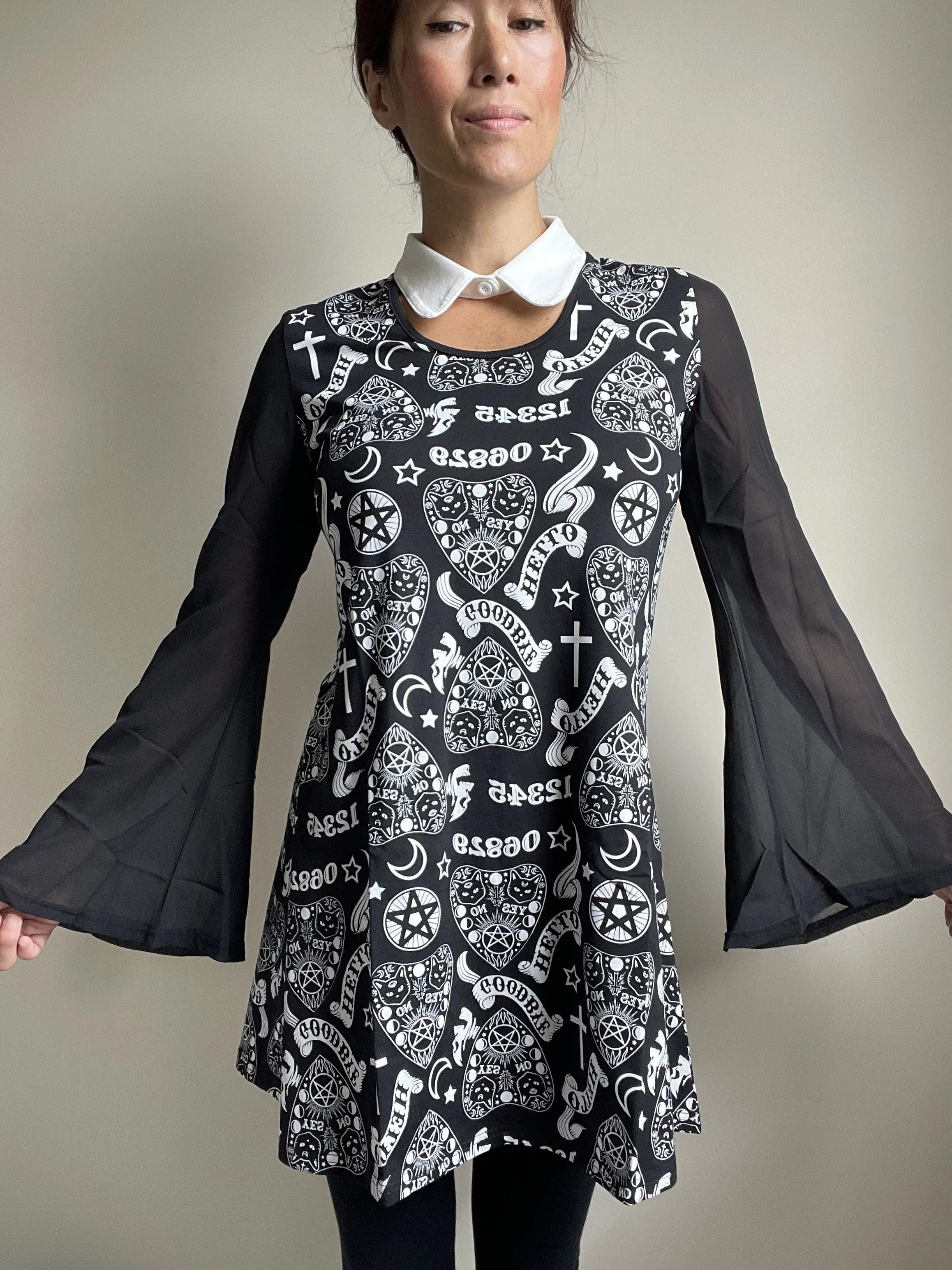 Witchy Moon Ouija Planchette Kitty Black Chiffon Sleeves with White Collar Mini Dress