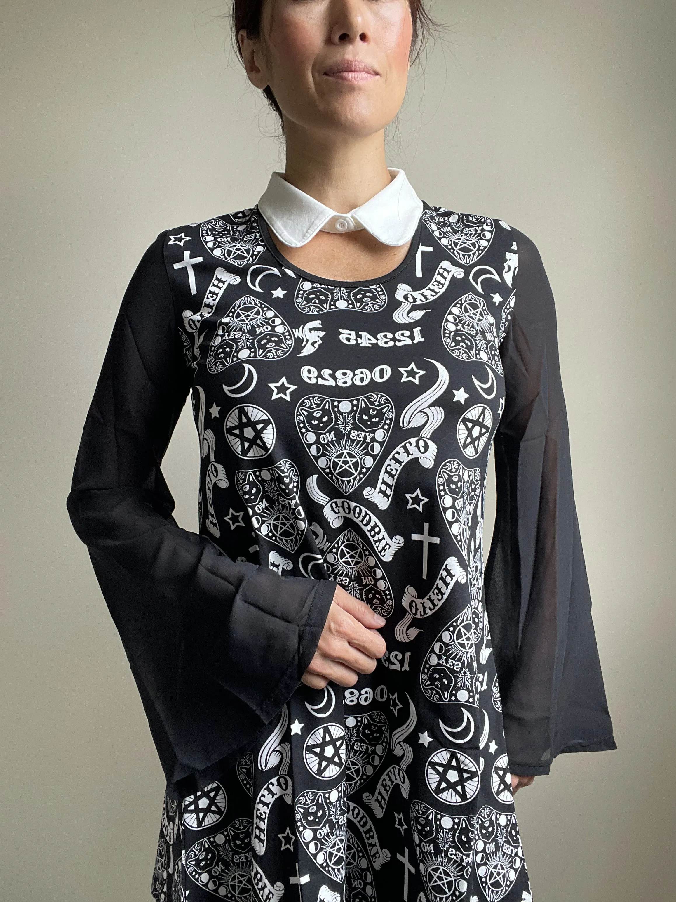 Witchy Moon Ouija Planchette Kitty Black Chiffon Sleeves with White Collar Mini Dress