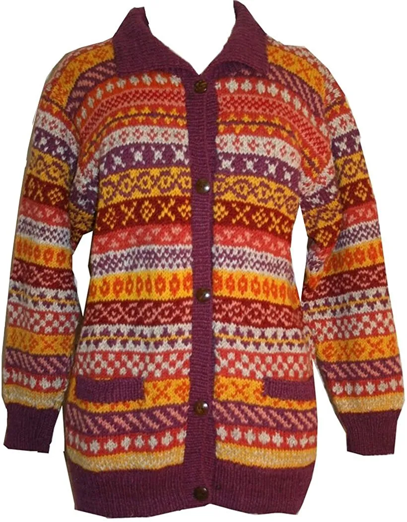 Wool Cardigan Sweater Hand knitted in Nepal